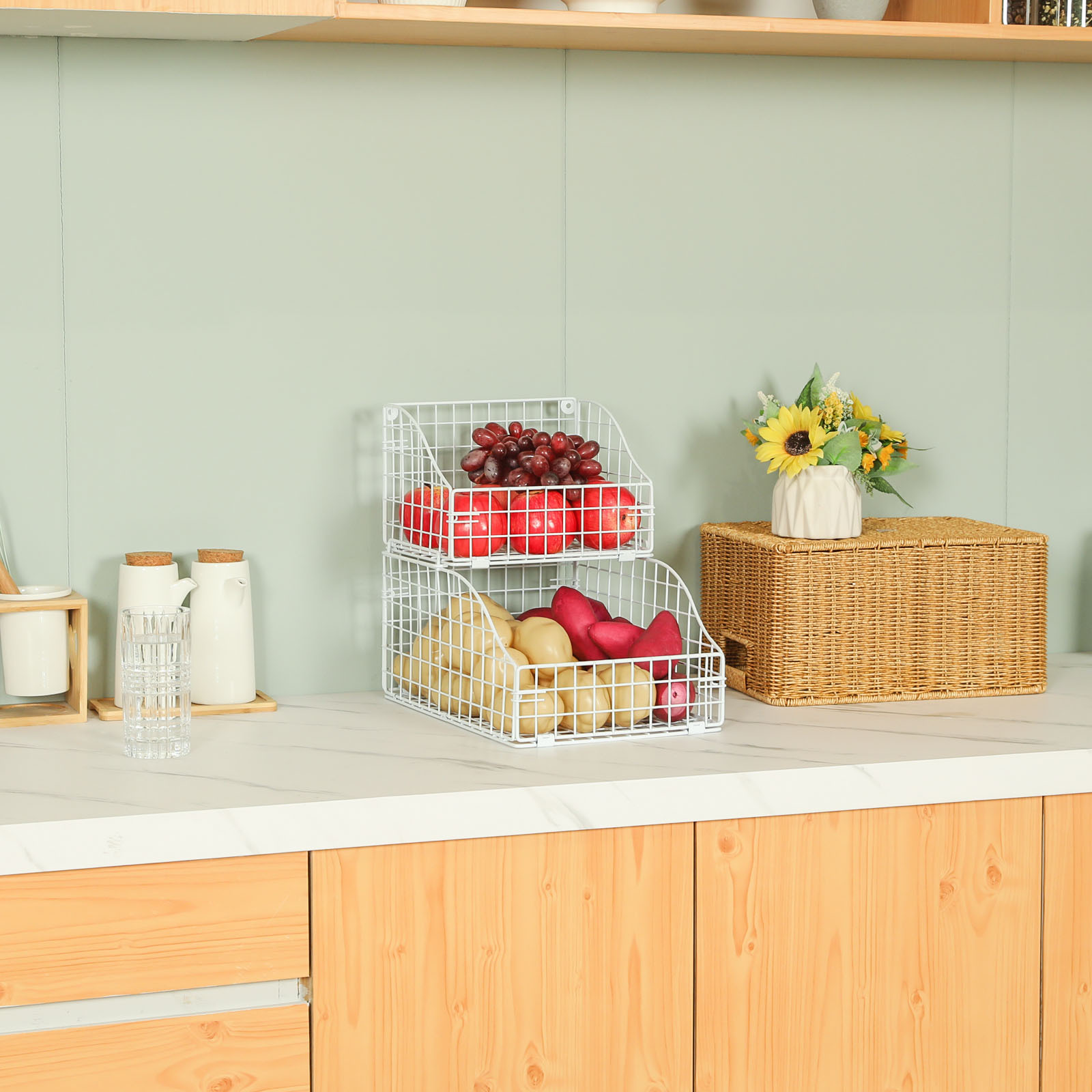 2 Layer Multipurpose Foldable And Stackable Kitchen White 2 Tier Metal Iron Wire Potato Onion Vegetable Fruit Storage Basket
