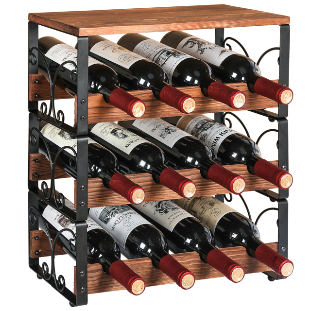 New Product Decorative Modern Stackable Floor Standing 3 Tiers Wooden Metal Red Wine Rack Freestanding
