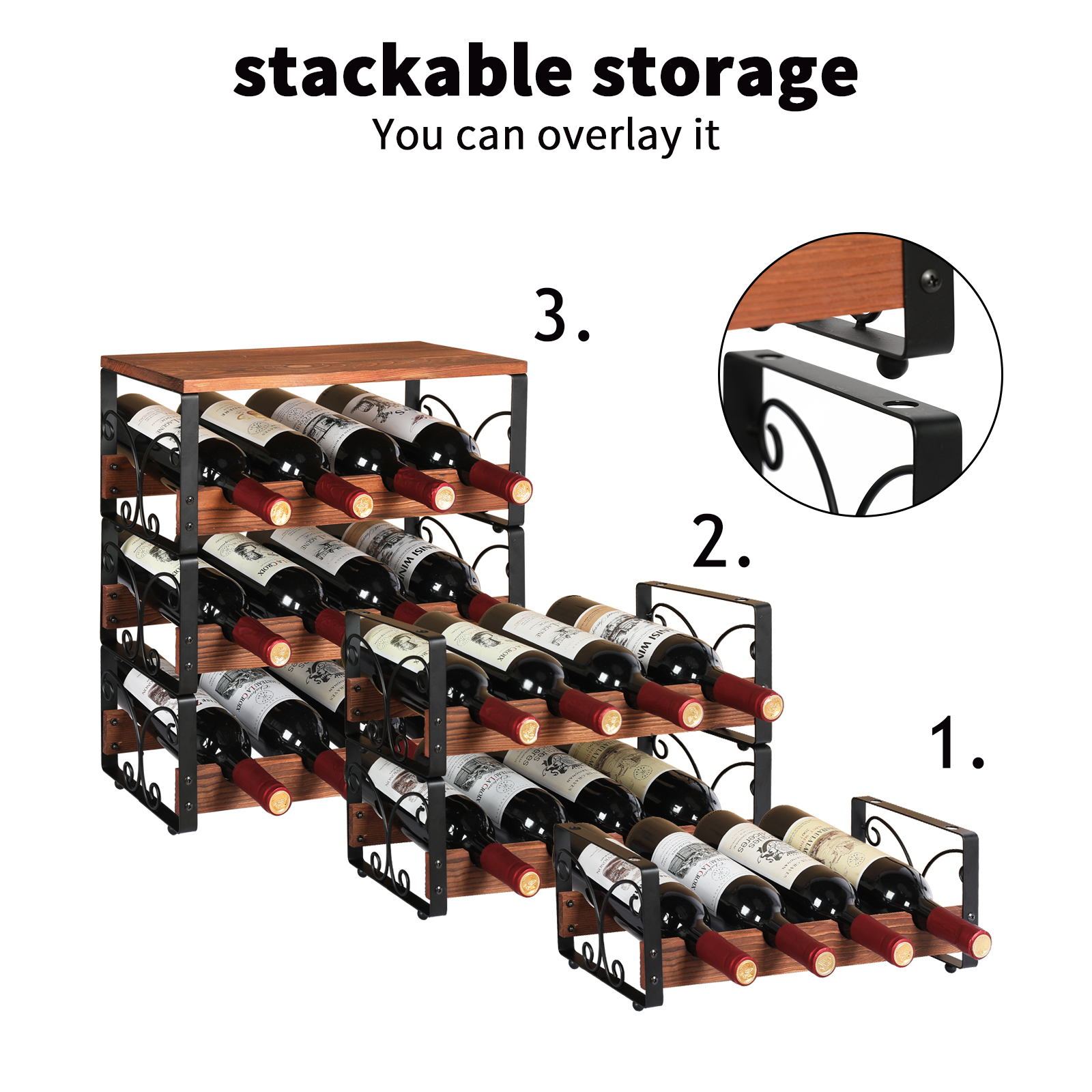 New Product Decorative Modern Stackable Floor Standing 3 Tiers Wooden Metal Red Wine Rack Freestanding