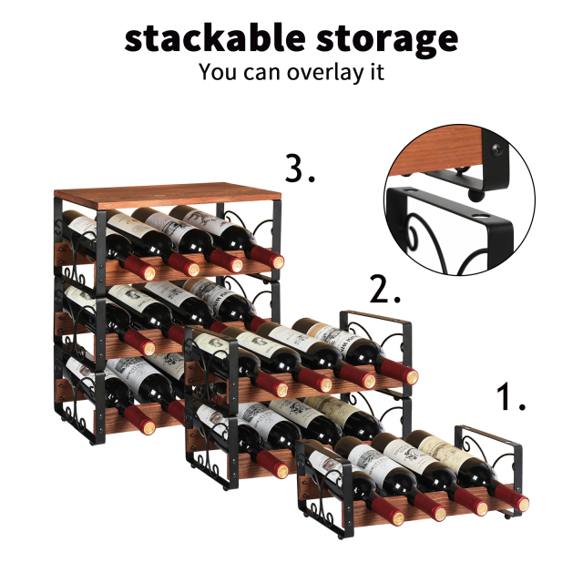 New Product Decorative Modern Stackable Floor Standing 3 Tiers Wooden Metal Red Wine Rack Freestanding