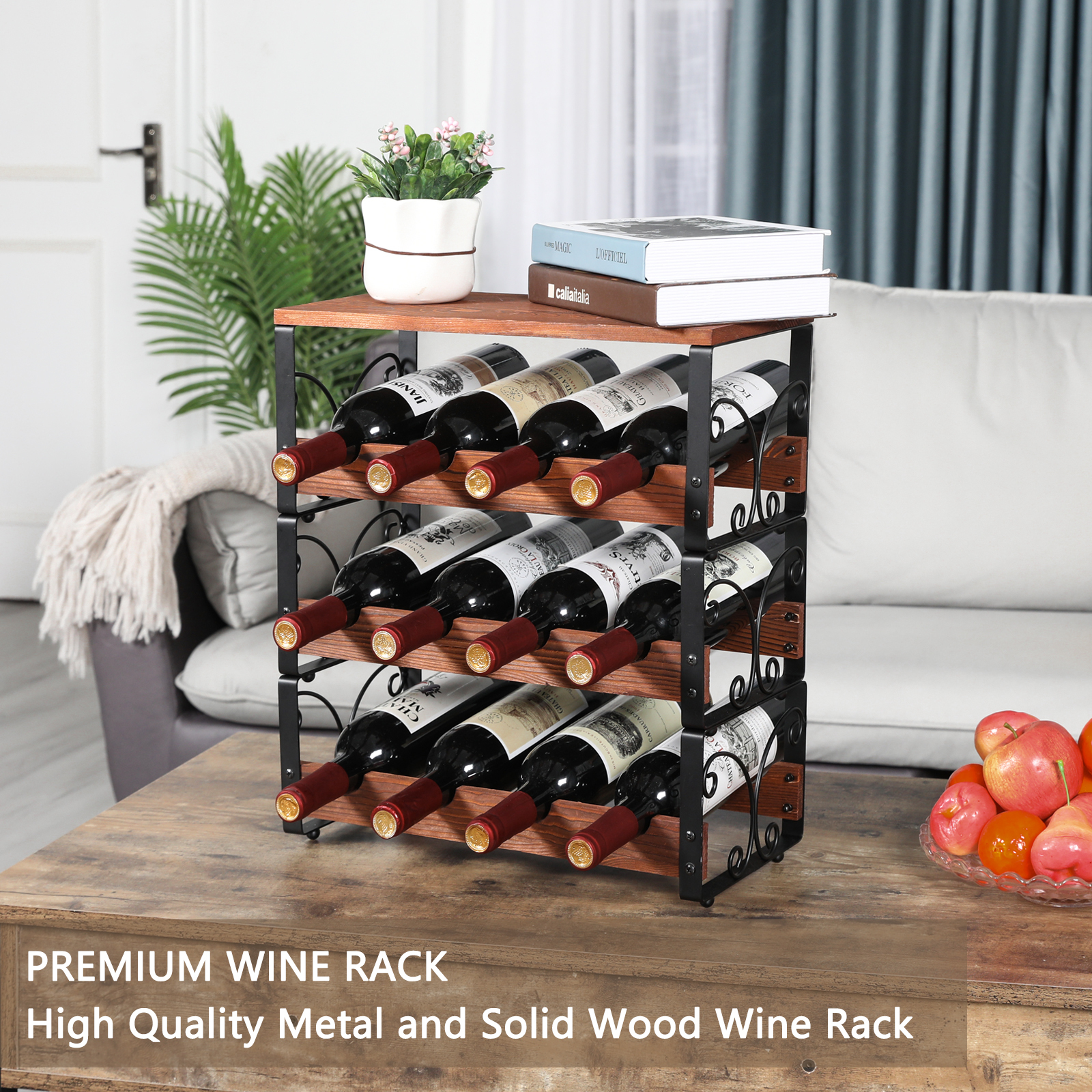 New Product Decorative Modern Stackable Floor Standing 3 Tiers Wooden Metal Red Wine Rack Freestanding
