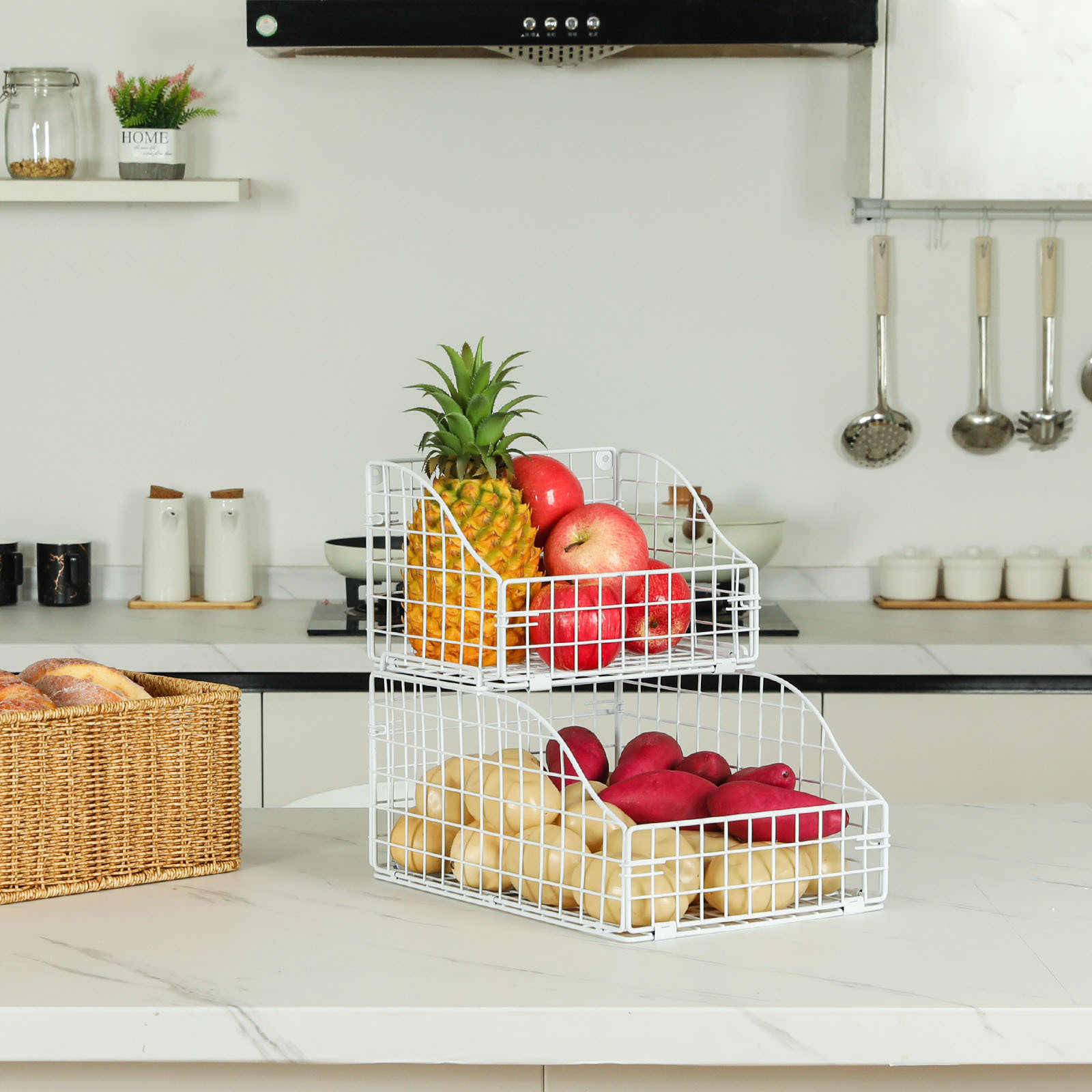 2 Layer Multipurpose Foldable And Stackable Kitchen White 2 Tier Metal Iron Wire Potato Onion Vegetable Fruit Storage Basket