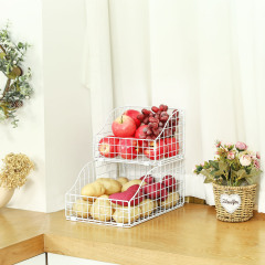 2 Layer Multipurpose Foldable And Stackable Kitchen White 2 Tier Metal Iron Wire Potato Onion Vegetable Fruit Storage Basket