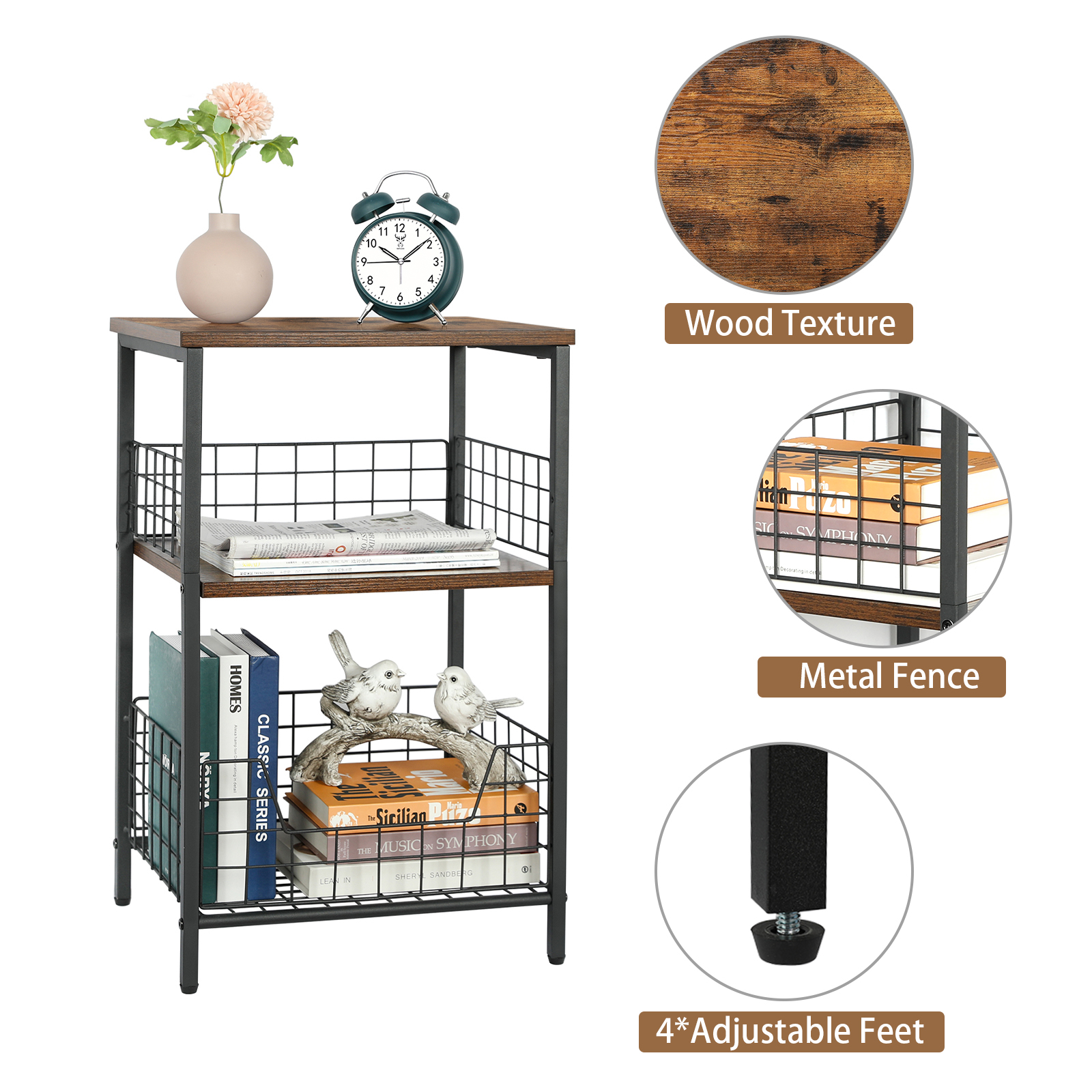 Stable Wood and Metal side Table Storage Shelf