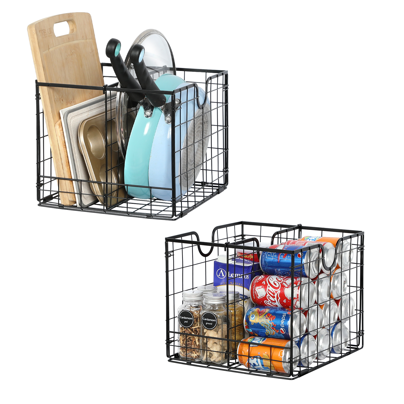 2 Pack Black Metal Wire Storage Organizer Baskets with Removable Dividers