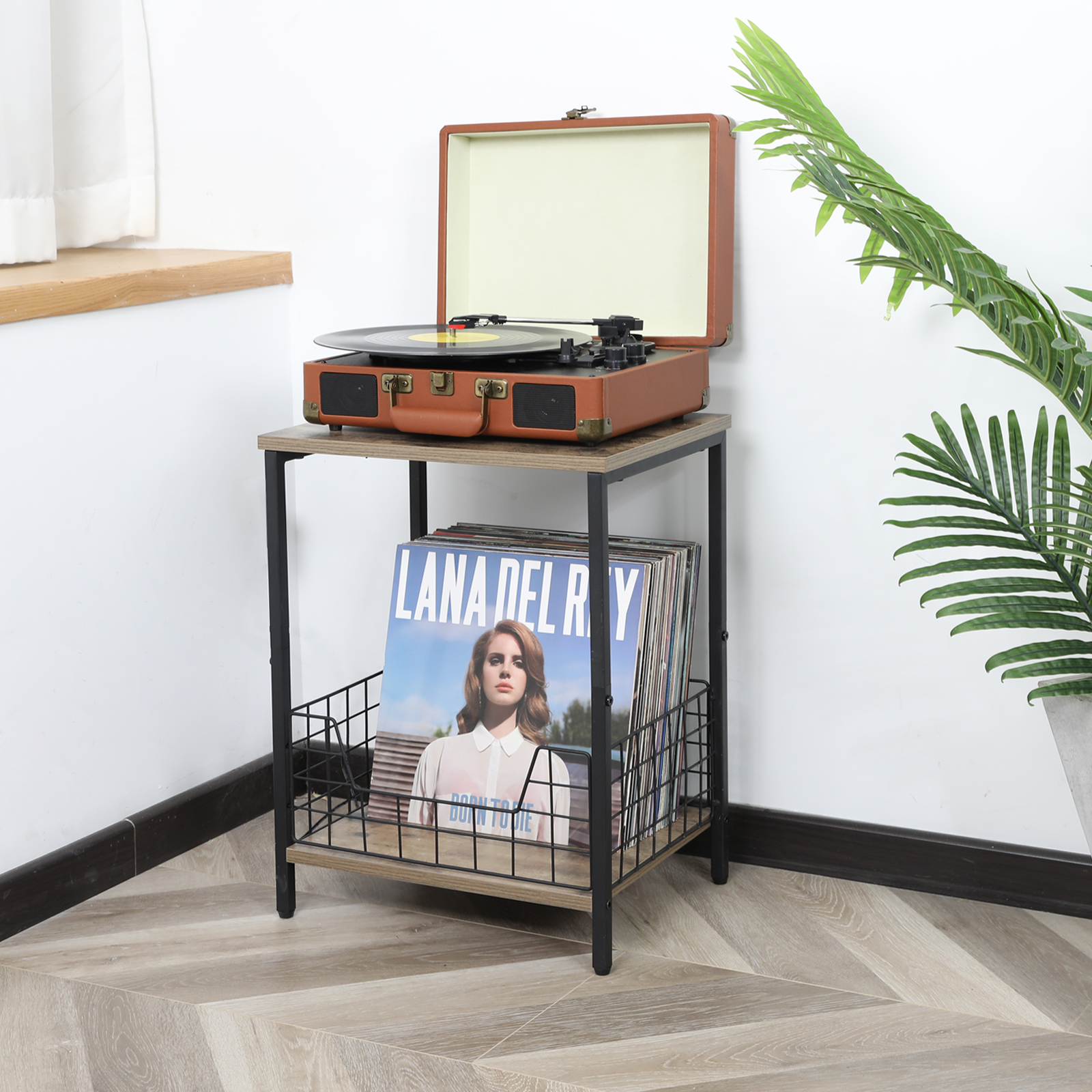 2-Tier Record Player Table Side Table Storage Shelf