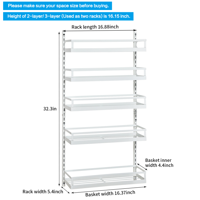 5 Tier Height-Adjustable Hanging Spice Shelf Storage for Kitchen Pantry Cabinet Door Wall Mount Spice Rack Organizer white