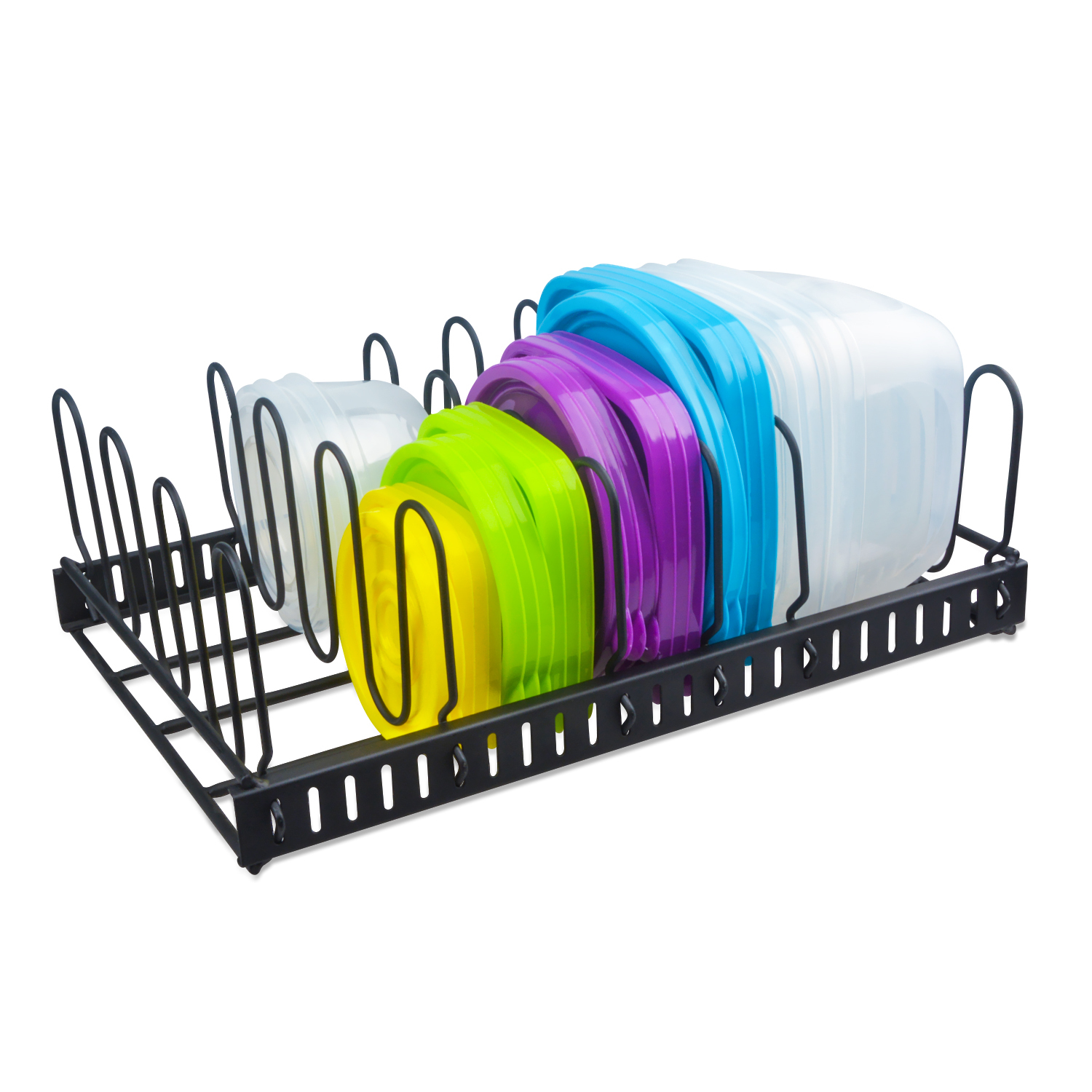 Metal Food Container Lid Organizer Adjustable 6 Dividers Storage Container Lid Holder Rack