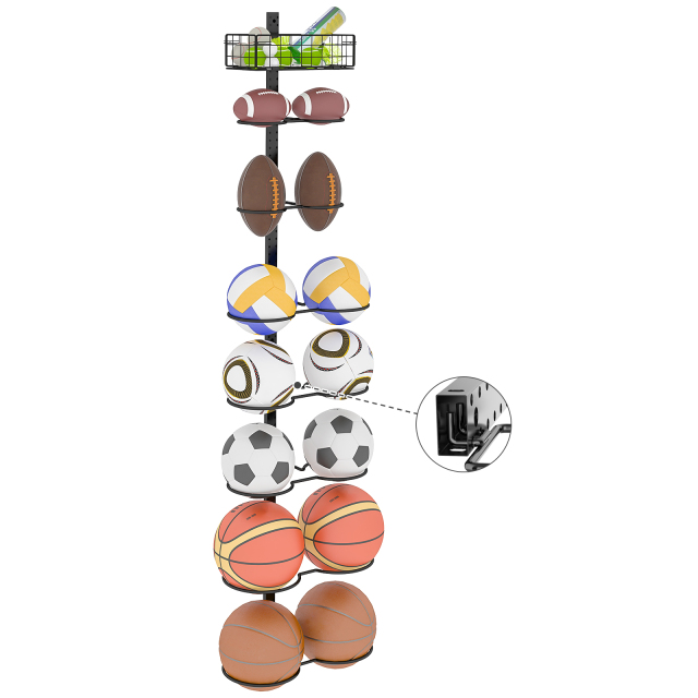 8 Tier Detachable Height-Adjustable Wall Mounted Basketball Rack