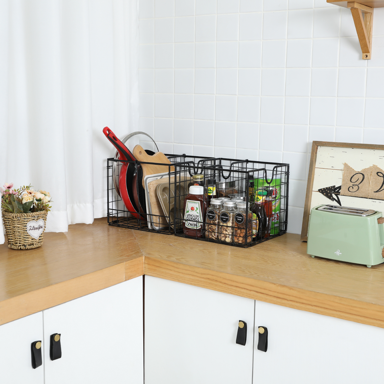 2 Pack Black Metal Wire Storage Organizer Baskets with Removable Dividers