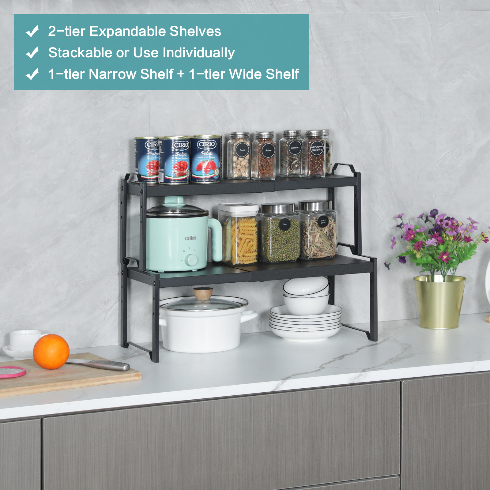 Expandable Cabinet Countertop Shelves Stackable Shelves Organizers For Kitchen