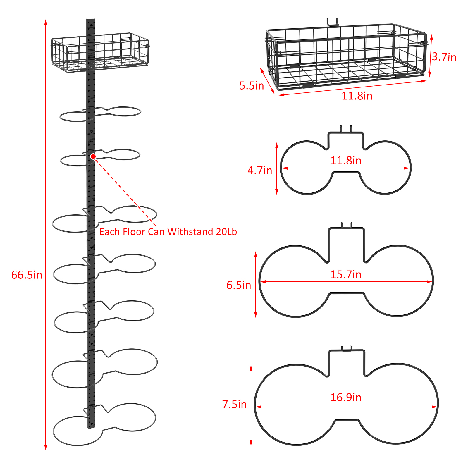 8 Tier Detachable Height-Adjustable Wall Mounted Basketball Rack
