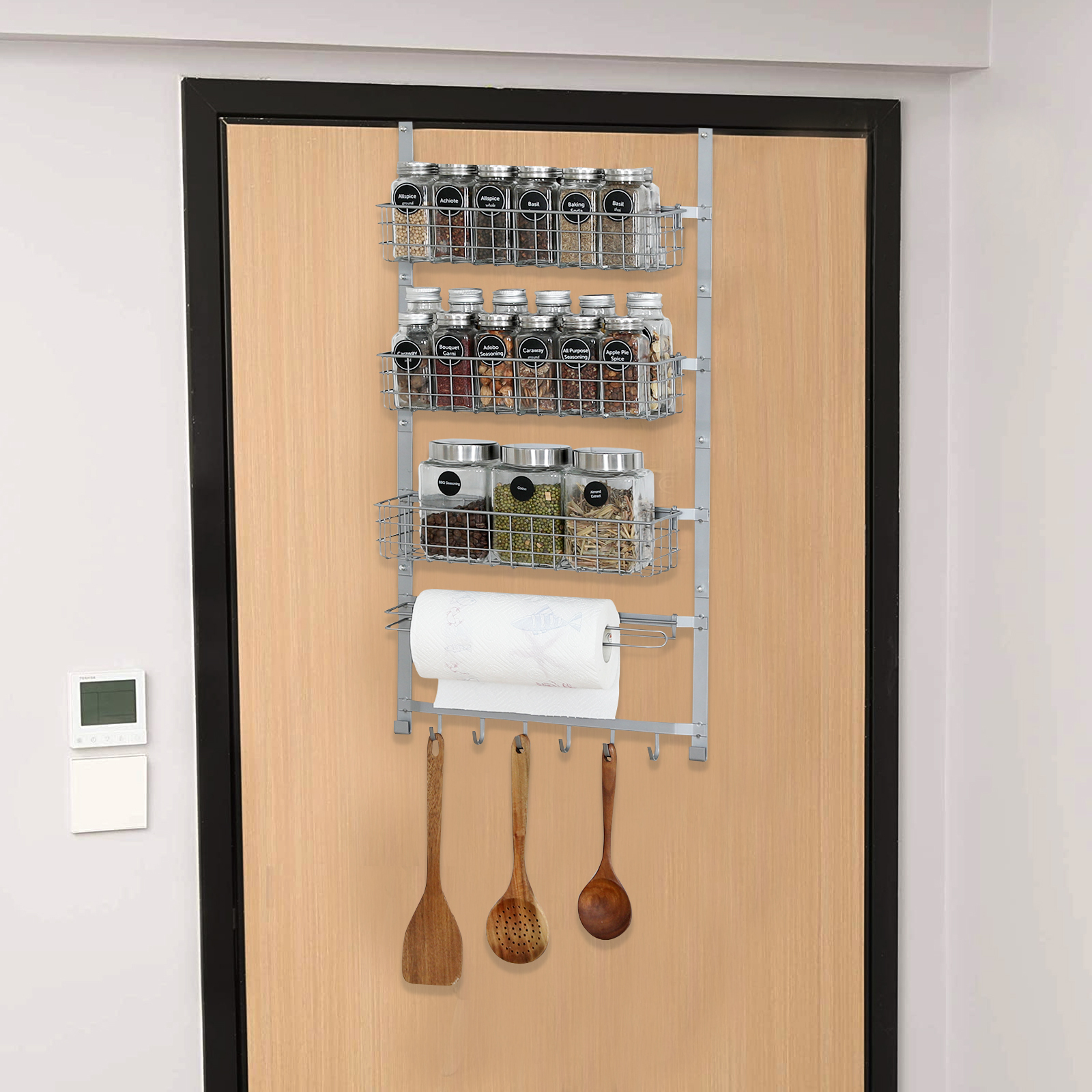 5 Tier Adjustable Spice Rack Wall Mounted with Hooks and Napkin Holder for Kitchen and Bathroom, Silver
