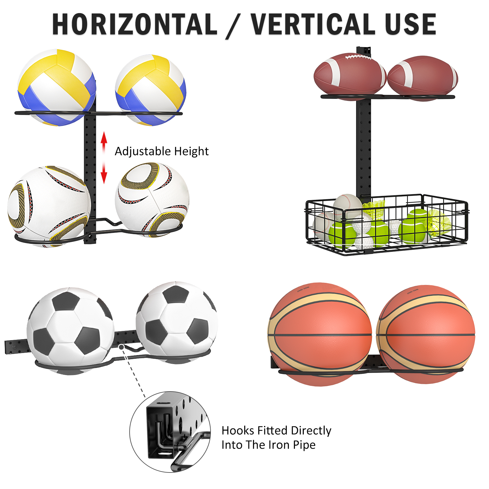 8 Tier Detachable Height-Adjustable Wall Mounted Basketball Rack