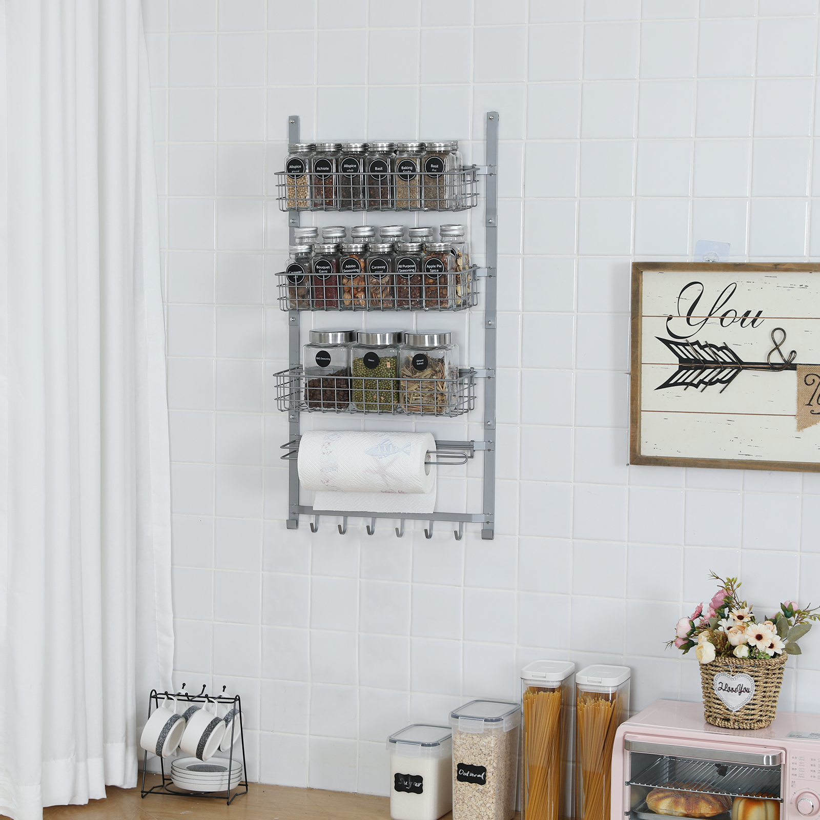 5 Tier Adjustable Spice Rack Wall Mounted with Hooks and Napkin Holder for Kitchen and Bathroom, Silver