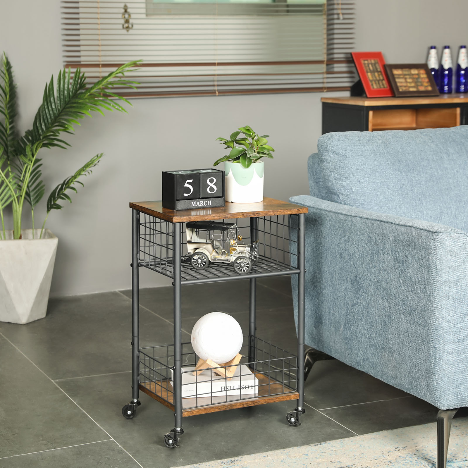 Vinyl Record Player Stand  Album Storage Shelf Movable Table with Wheels Detachable Fence