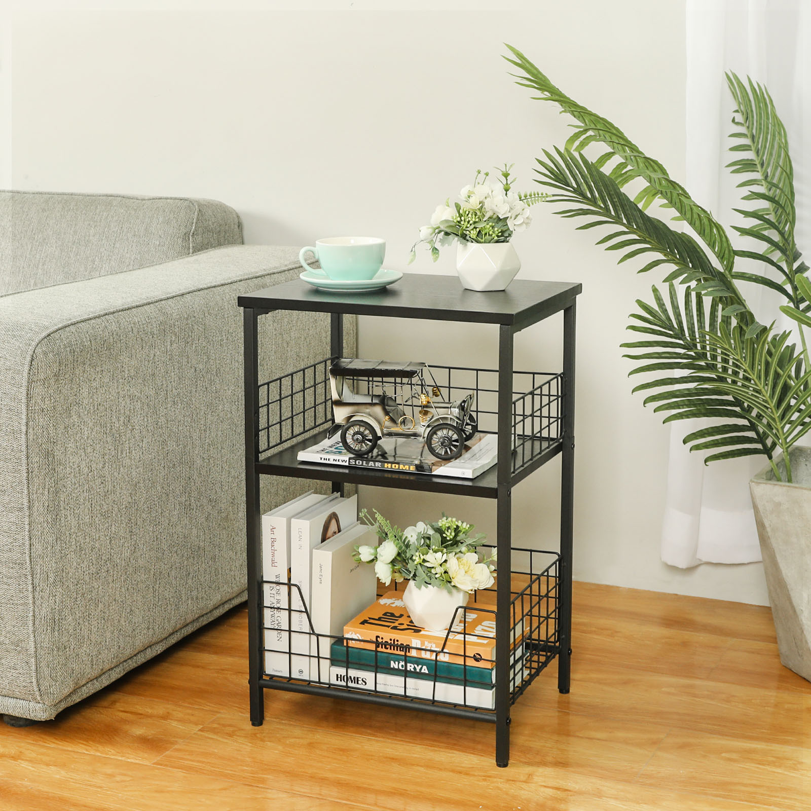 Stable Wood and Metal side Table Storage Shelf