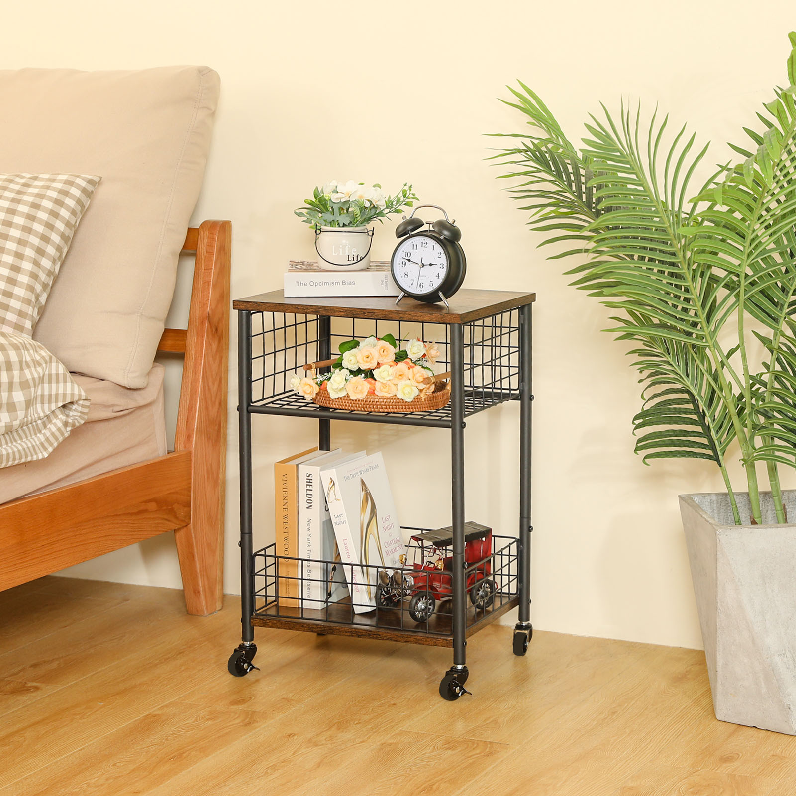 Vinyl Record Player Stand  Album Storage Shelf Movable Table with Wheels Detachable Fence