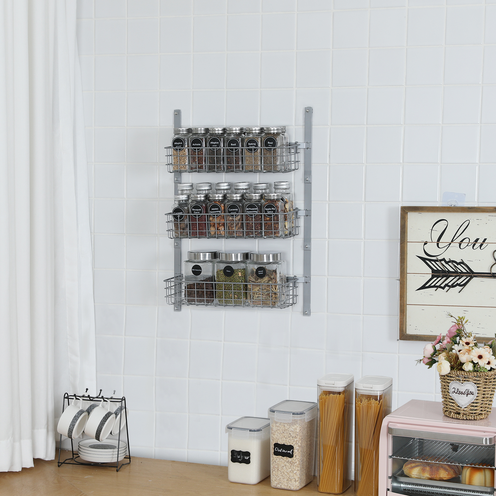 5 Tier Adjustable Spice Rack Wall Mounted with Hooks and Napkin Holder for Kitchen and Bathroom, Silver