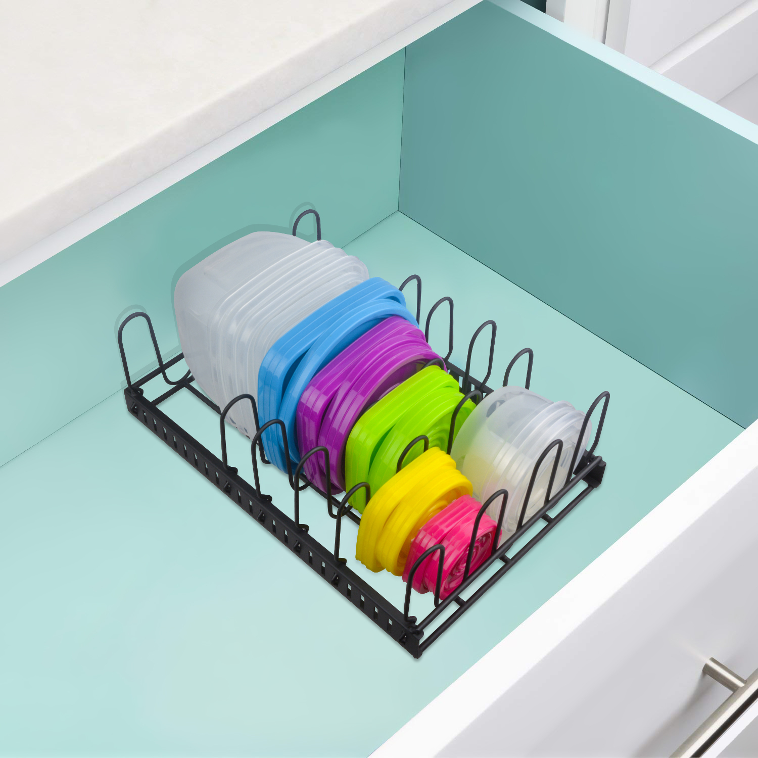 Metal Food Container Lid Organizer Adjustable 6 Dividers Storage Container Lid Holder Rack