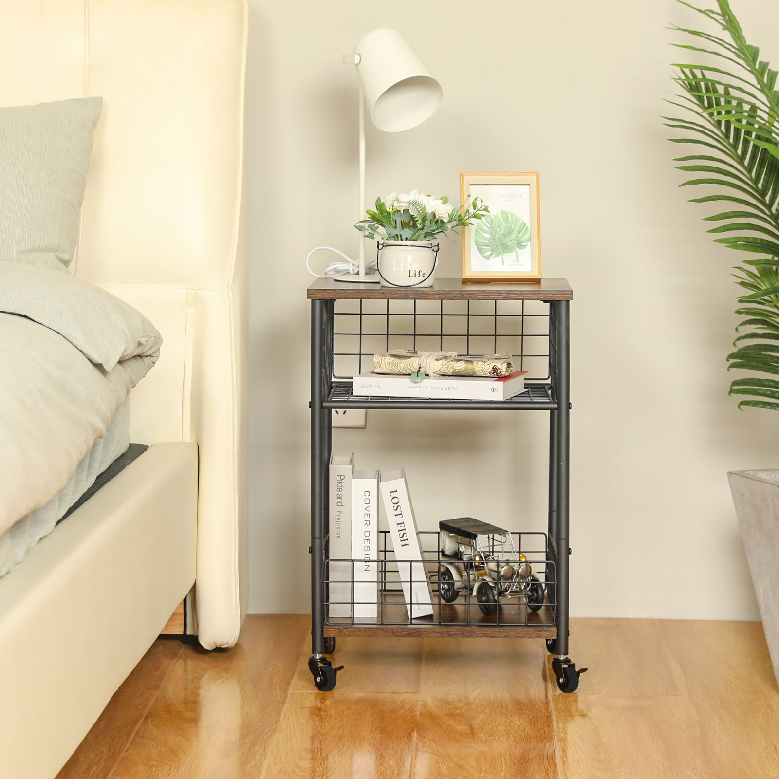 Vinyl Record Player Stand  Album Storage Shelf Movable Table with Wheels Detachable Fence