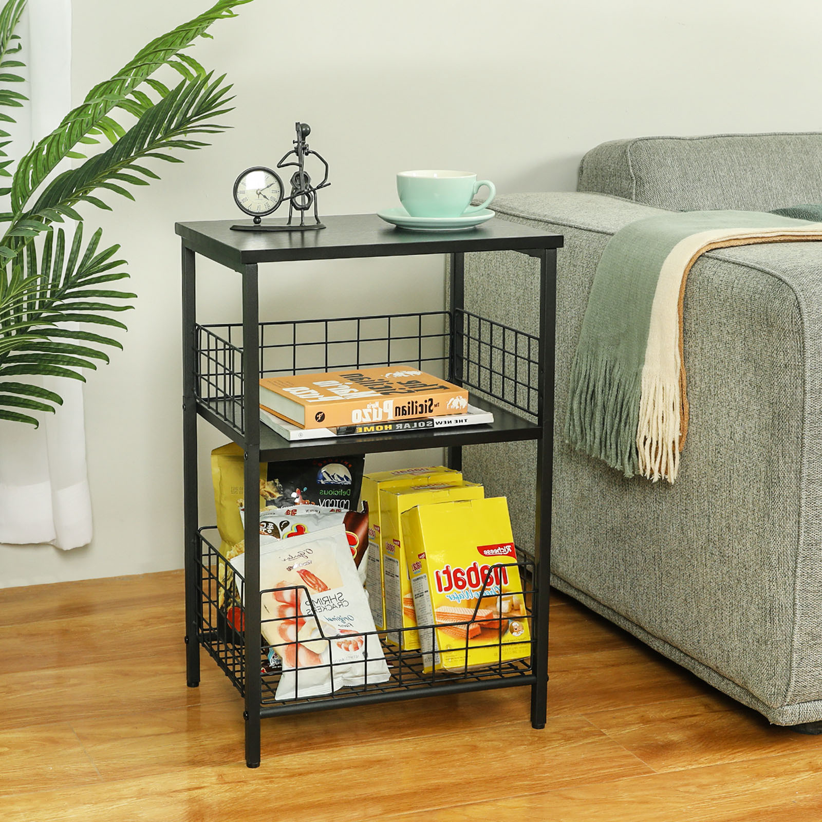 Stable Wood and Metal side Table Storage Shelf