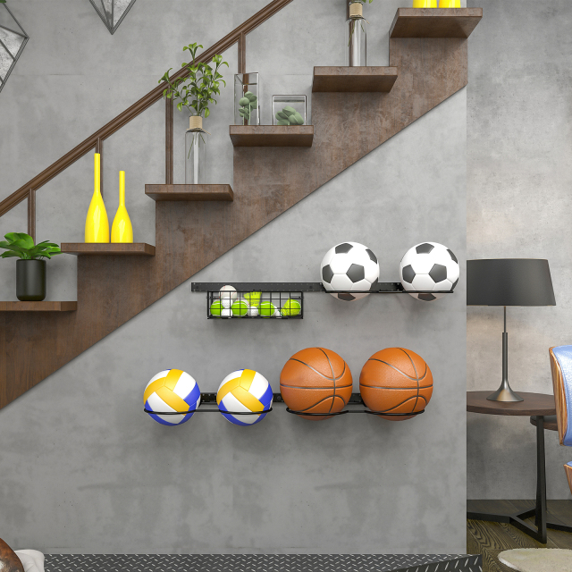 8 Tier Detachable Height-Adjustable Wall Mounted Basketball Rack