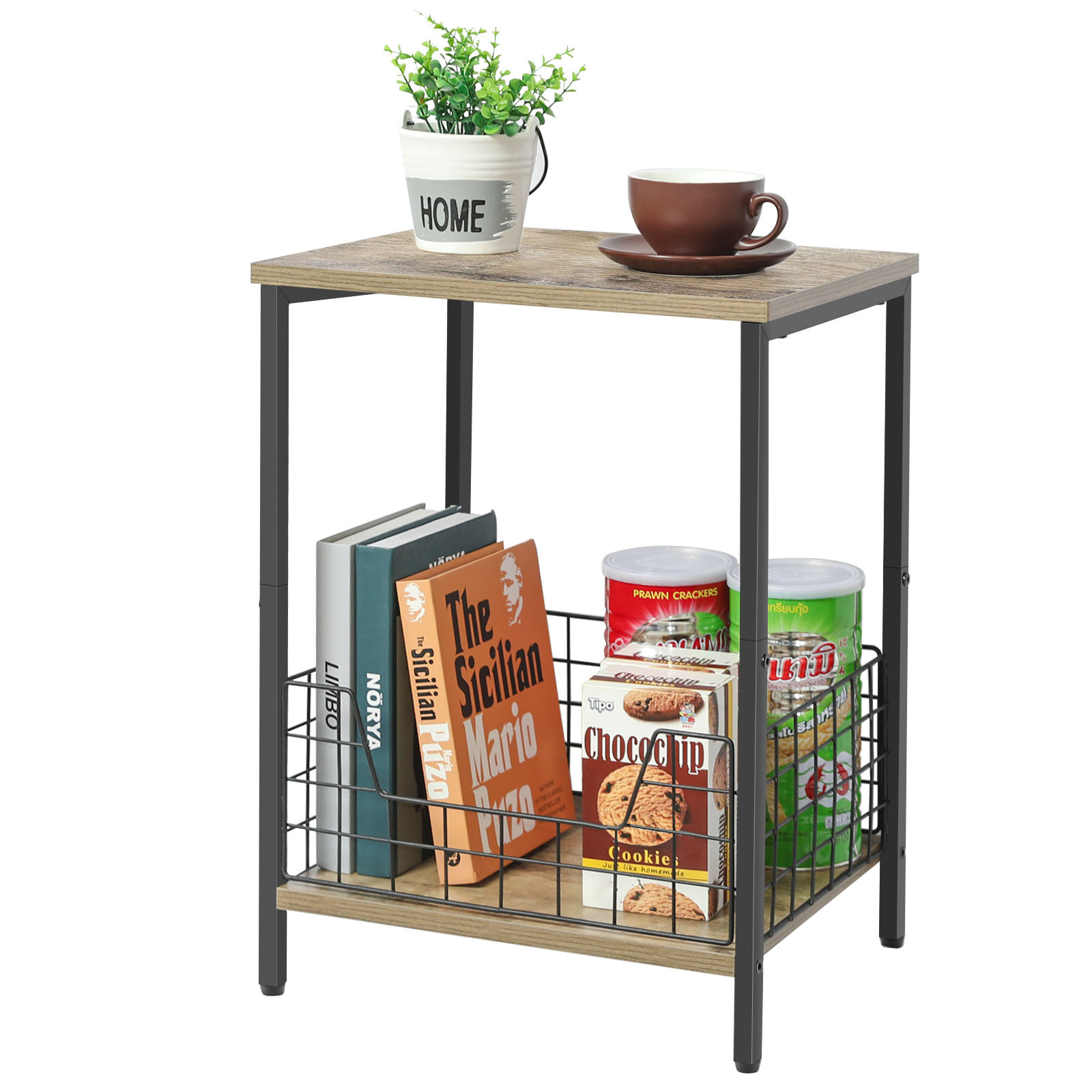2-Tier Record Player Table Side Table Storage Shelf