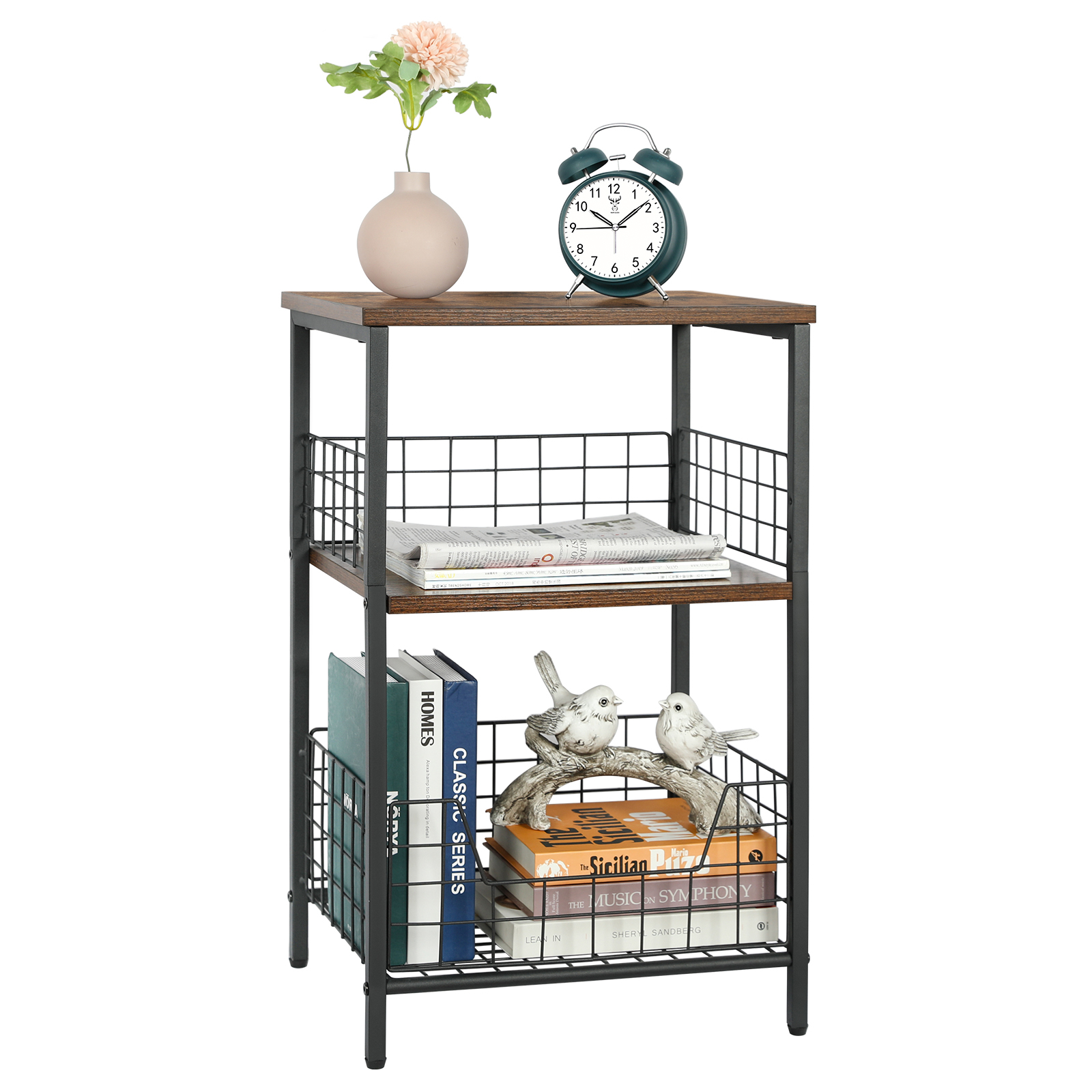 Stable Wood and Metal side Table Storage Shelf