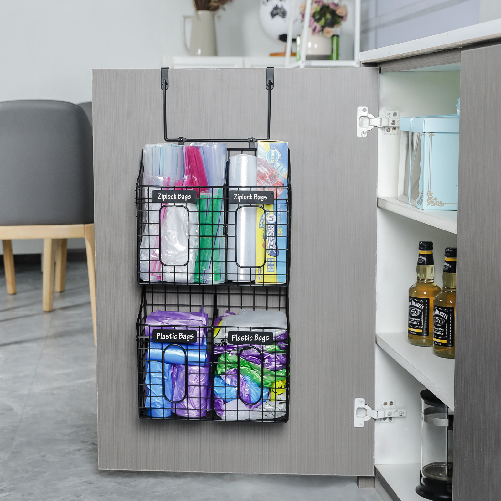 Over the Cabinet Door Organizer with Nameplates for Trash Grocery Bags Cuttingboard Holder for Kitchen Storage Hanging&Wall Mounted