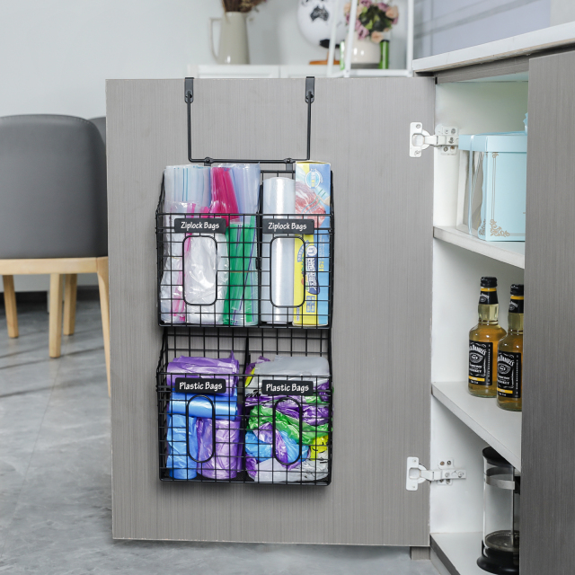 Over the Cabinet Door Organizer with Nameplates for Trash Grocery Bags Cuttingboard Holder for Kitchen Storage Hanging&Wall Mounted