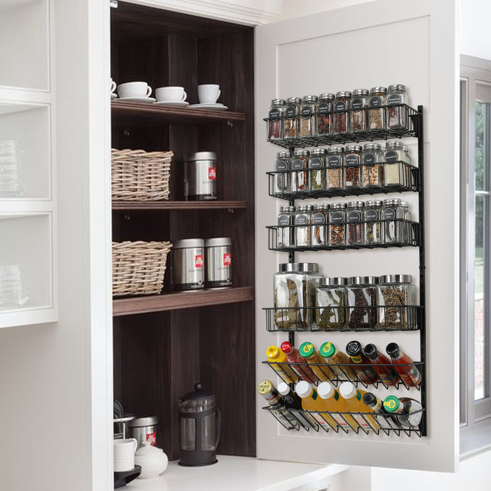 6-Tier Wall Mounted Spice Rack Organizer Hanging Height-Adjustable Seasoning Holder Rack