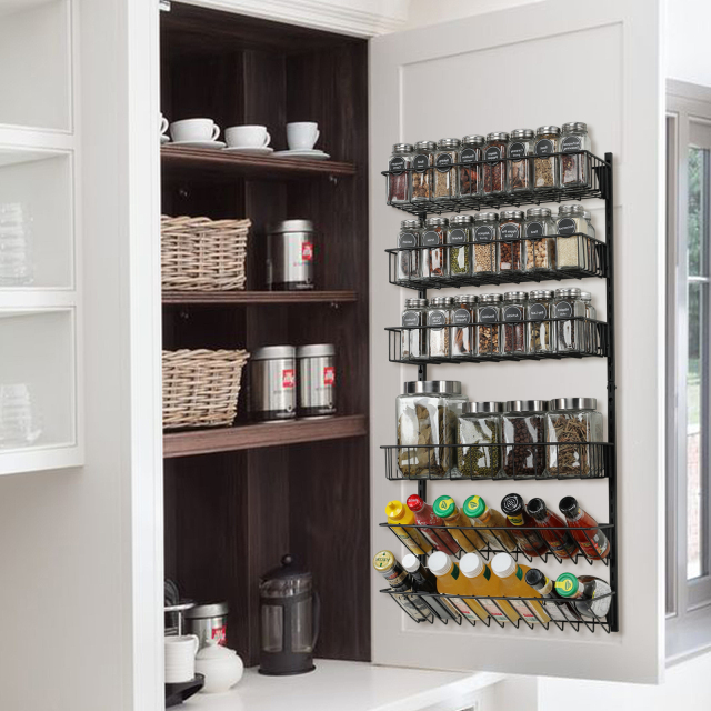 6-Tier Wall Mounted Spice Rack Organizer Hanging Height-Adjustable Seasoning Holder Rack