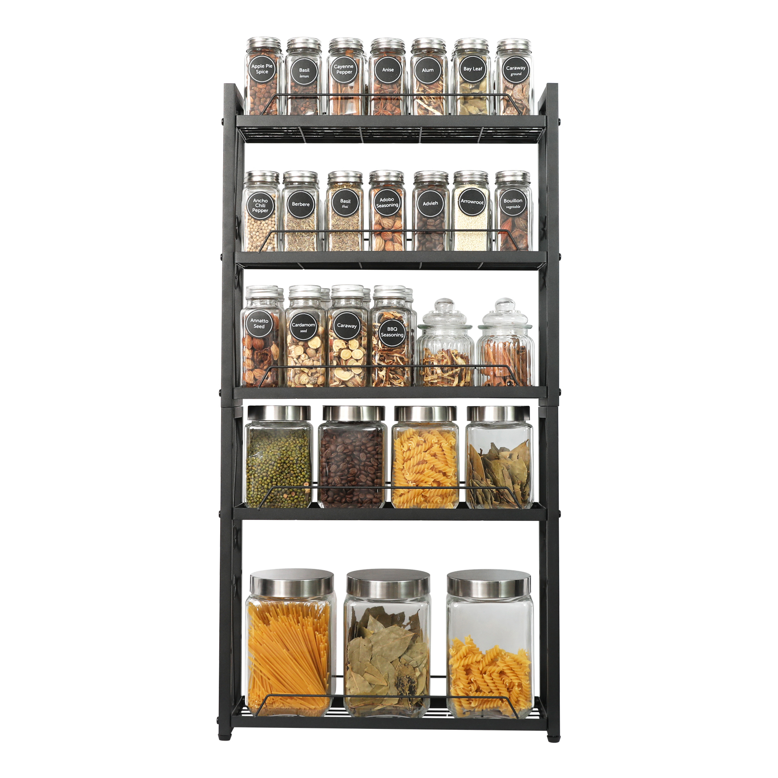 5 Tier Height-Adjustable Wall Mount or Counter-top Spice Shelf Storage for Kitchen Pantry Cabinet Spice Rack Organizer