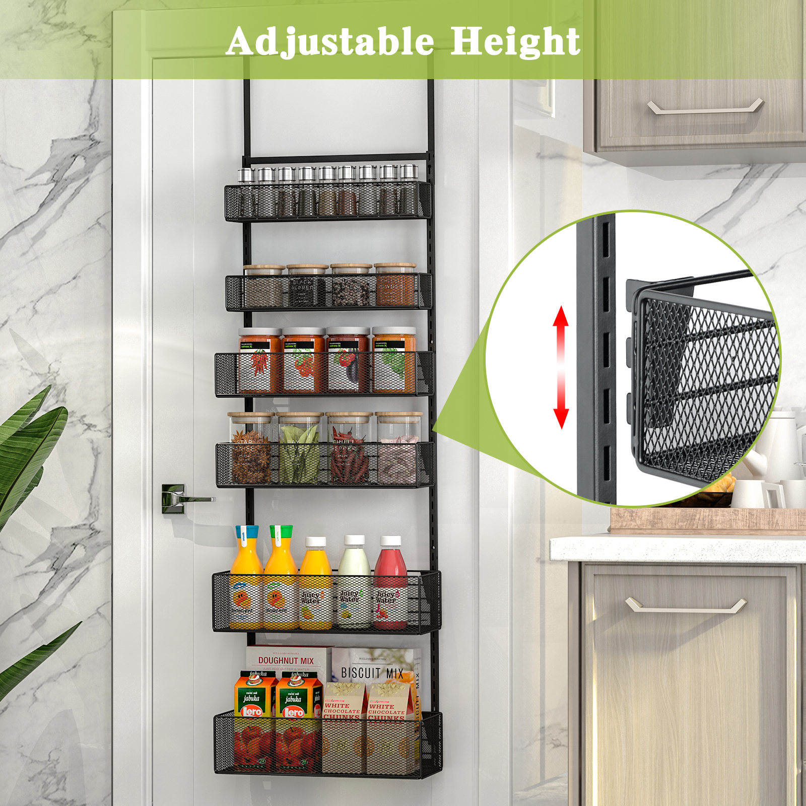 6-Tier Over The Door Pantry Organizer 6-Tier Adjustable Tiers Hanging & Wall Mount Spice Rack