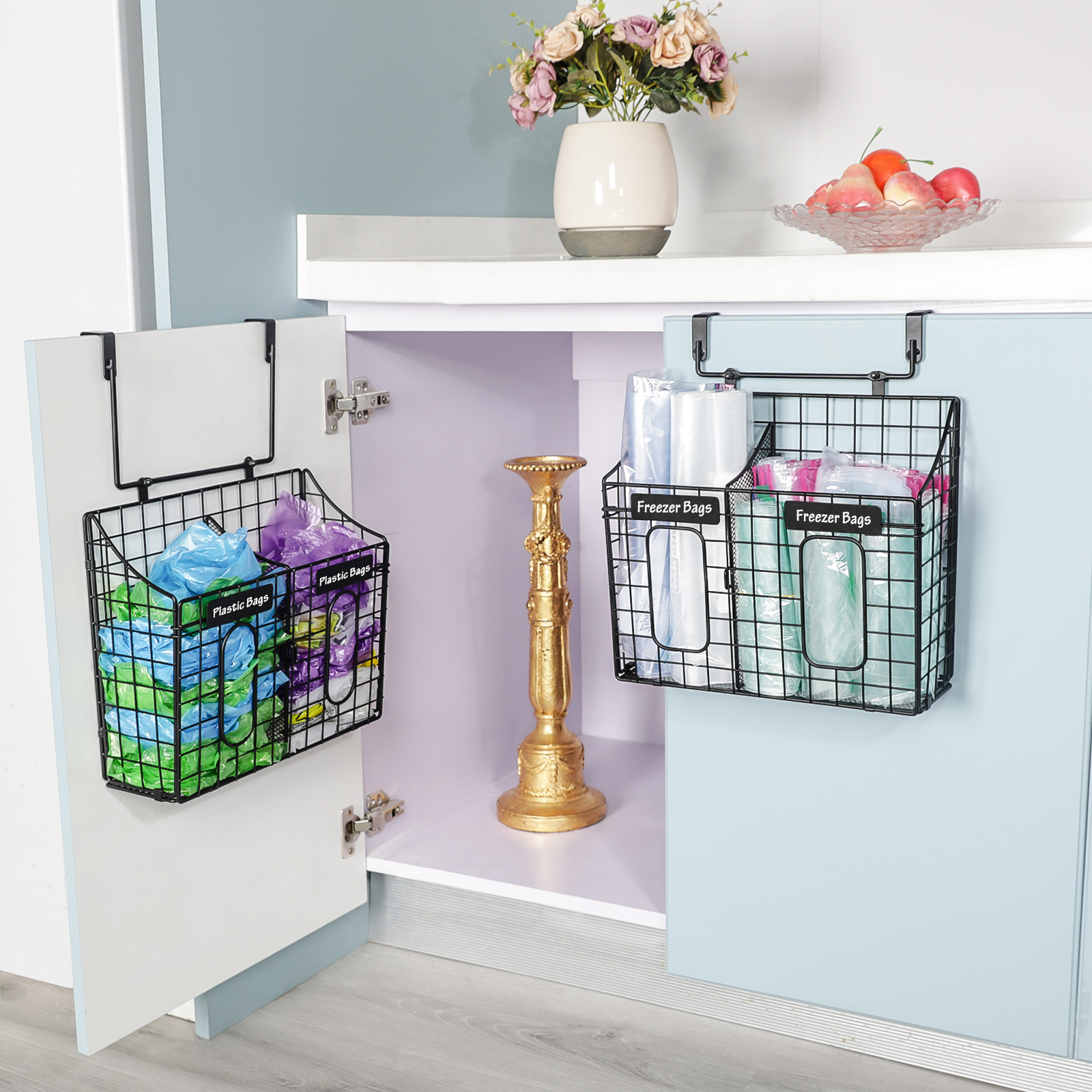 Over the Cabinet Door Organizer with Nameplates for Trash Grocery Bags Cuttingboard Holder for Kitchen Storage Hanging&Wall Mounted