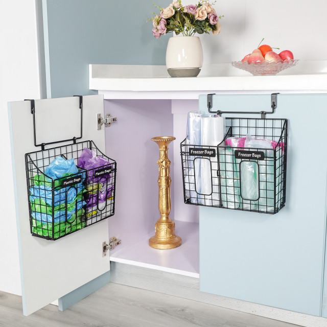 Over the Cabinet Door Organizer with Nameplates for Trash Grocery Bags Cuttingboard Holder for Kitchen Storage Hanging&Wall Mounted