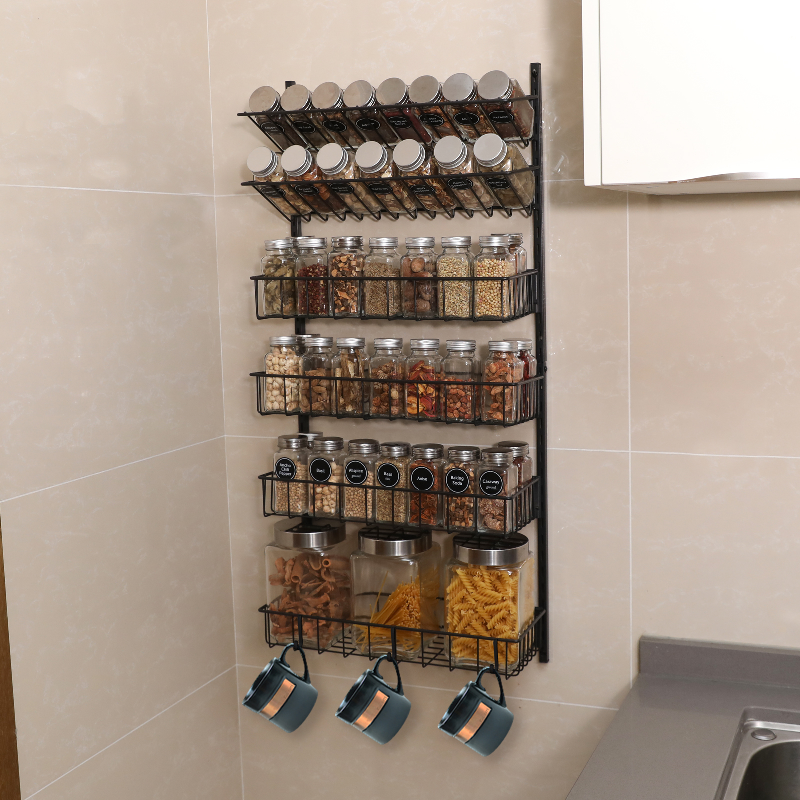 6-Tier Wall Mounted Spice Rack Organizer Hanging Height-Adjustable Seasoning Holder Rack