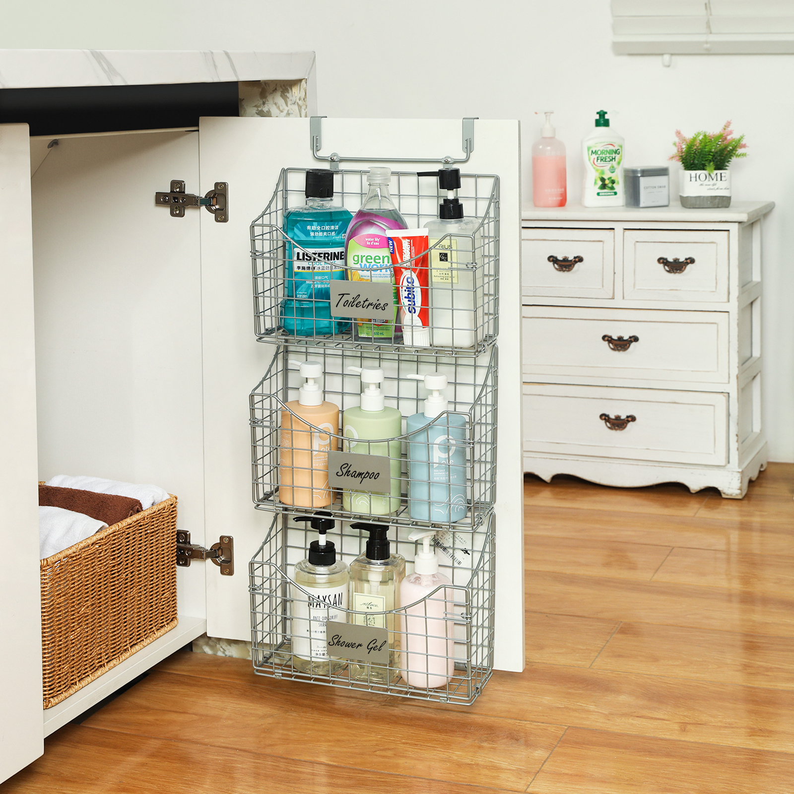 Over Door Storage Basket with Name Plate 5 S Hooks  for Kitchen Pantry Bathroom
