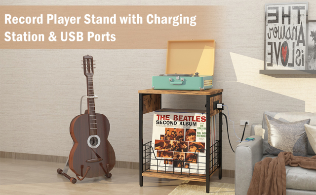 2-Tier End Table with Record Album Storage