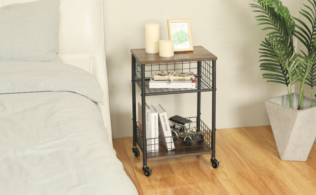 Vinyl Record Player Stand  Album Storage Shelf Movable Table with Wheels Detachable Fence