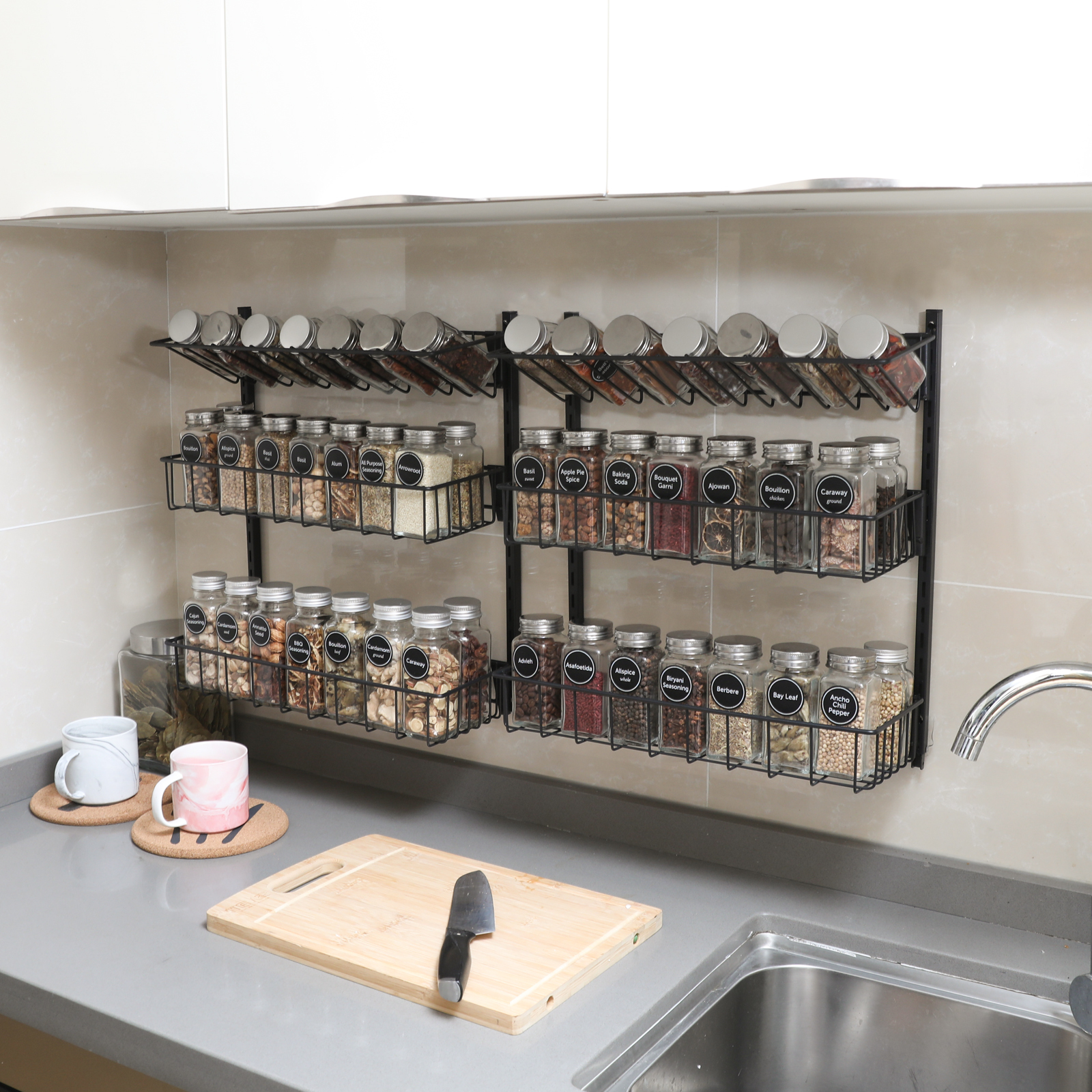6-Tier Wall Mounted Spice Rack Organizer Hanging Height-Adjustable Seasoning Holder Rack