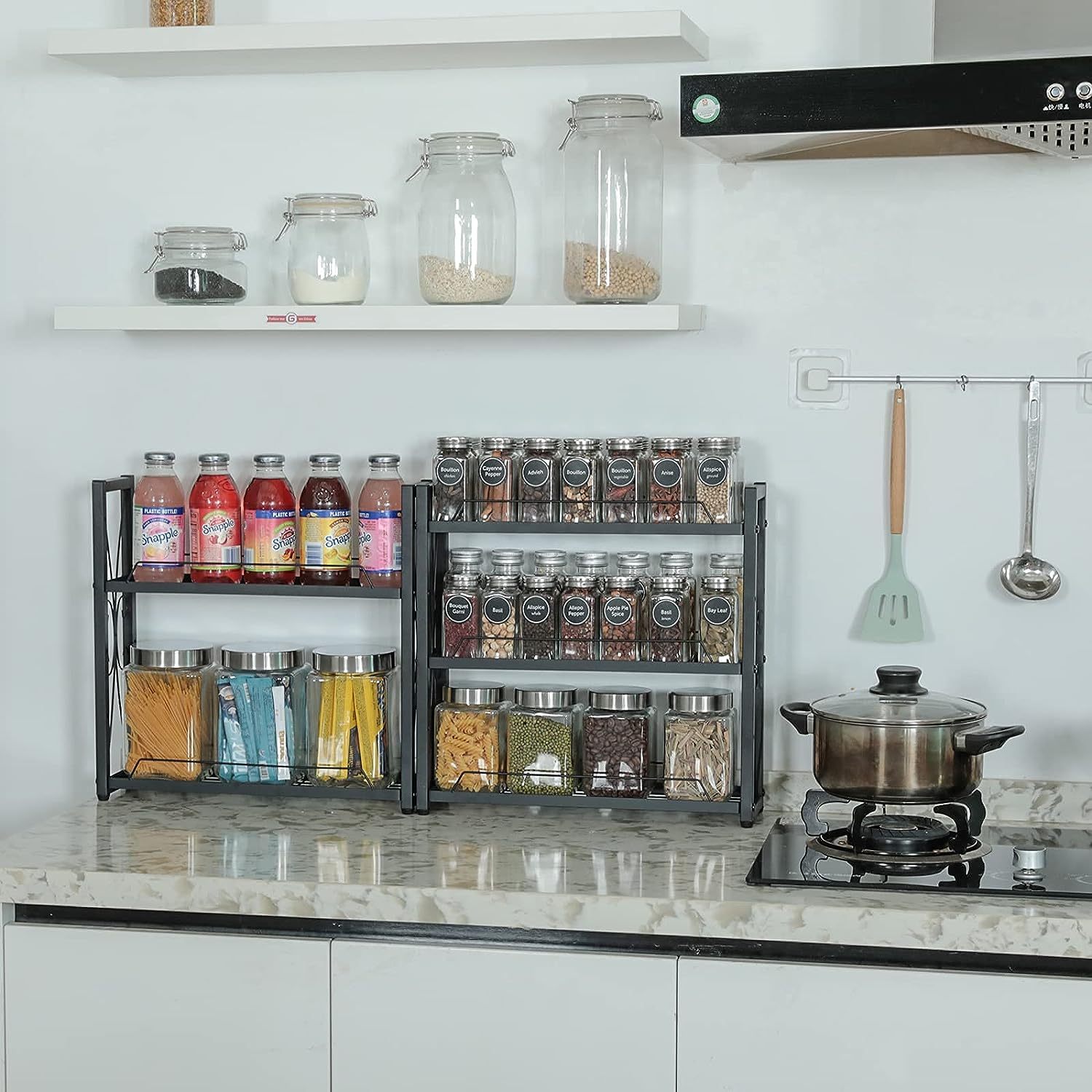 5 Tier Height-Adjustable Wall Mount or Counter-top Spice Shelf Storage for Kitchen Pantry Cabinet Spice Rack Organizer