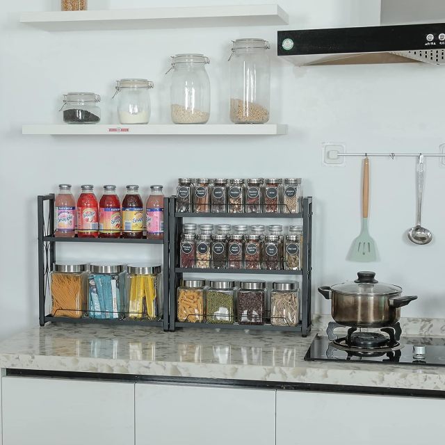 5 Tier Height-Adjustable Wall Mount or Counter-top Spice Shelf Storage for Kitchen Pantry Cabinet Spice Rack Organizer