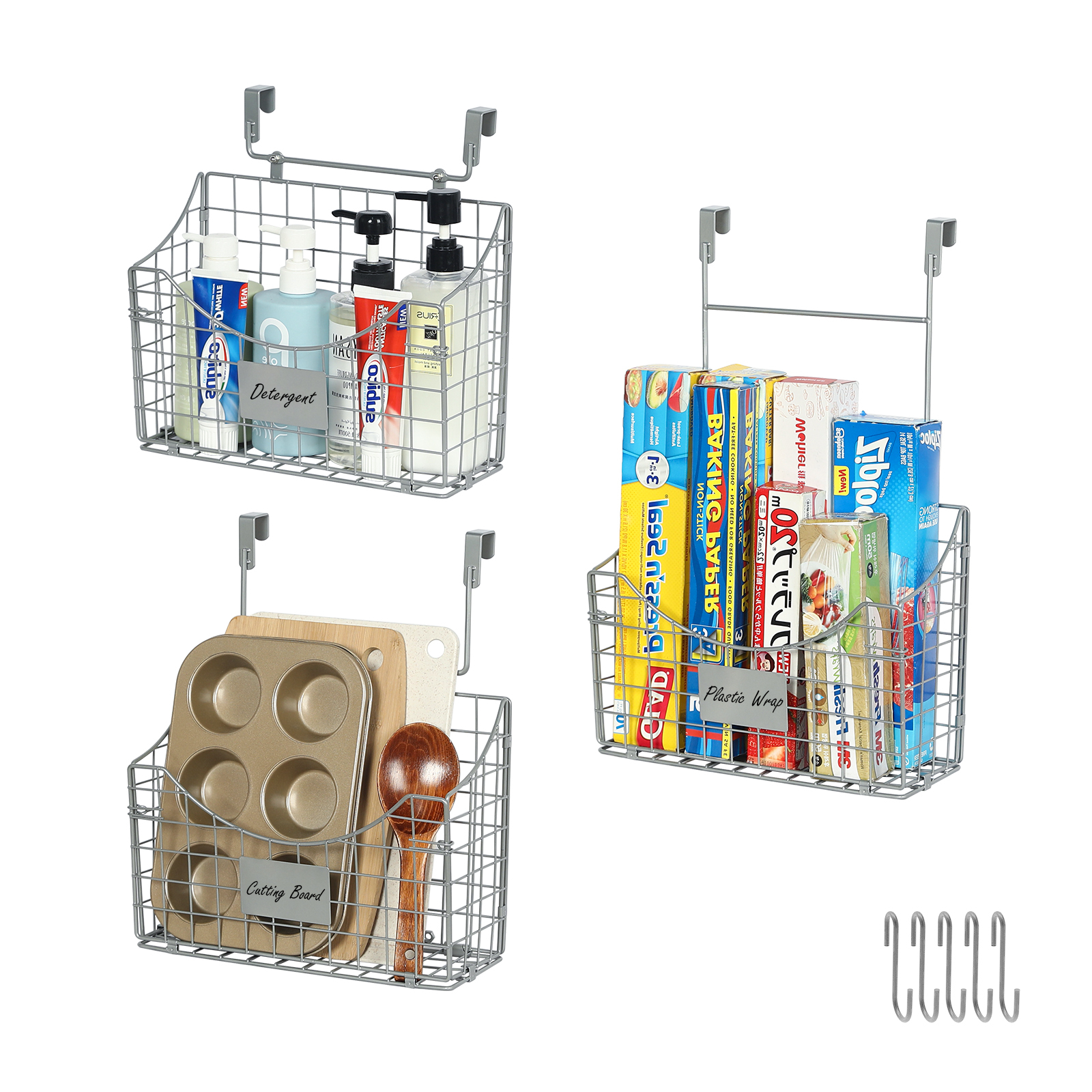 Over Door Storage Basket with Name Plate 5 S Hooks  for Kitchen Pantry Bathroom