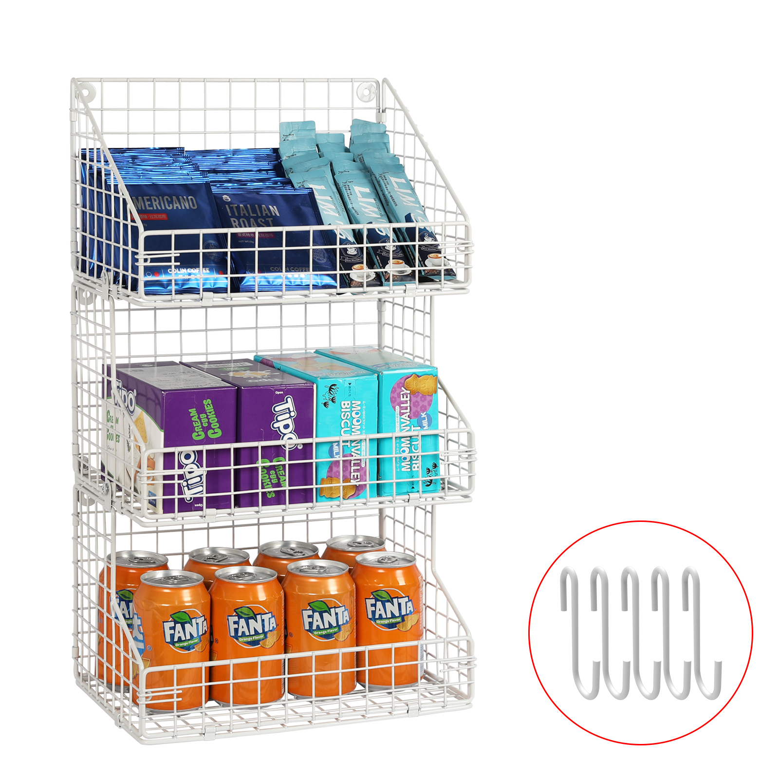3 Tier Stackable Tea Bag Organizer Large Size with 5 Hooks Metal Wire Basket Coffee Snack Rack Holder Countertop Caddy