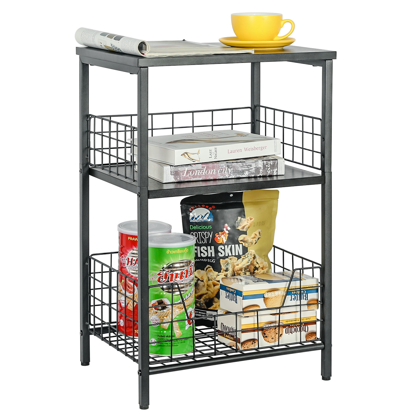 Stable Wood and Metal side Table Storage Shelf