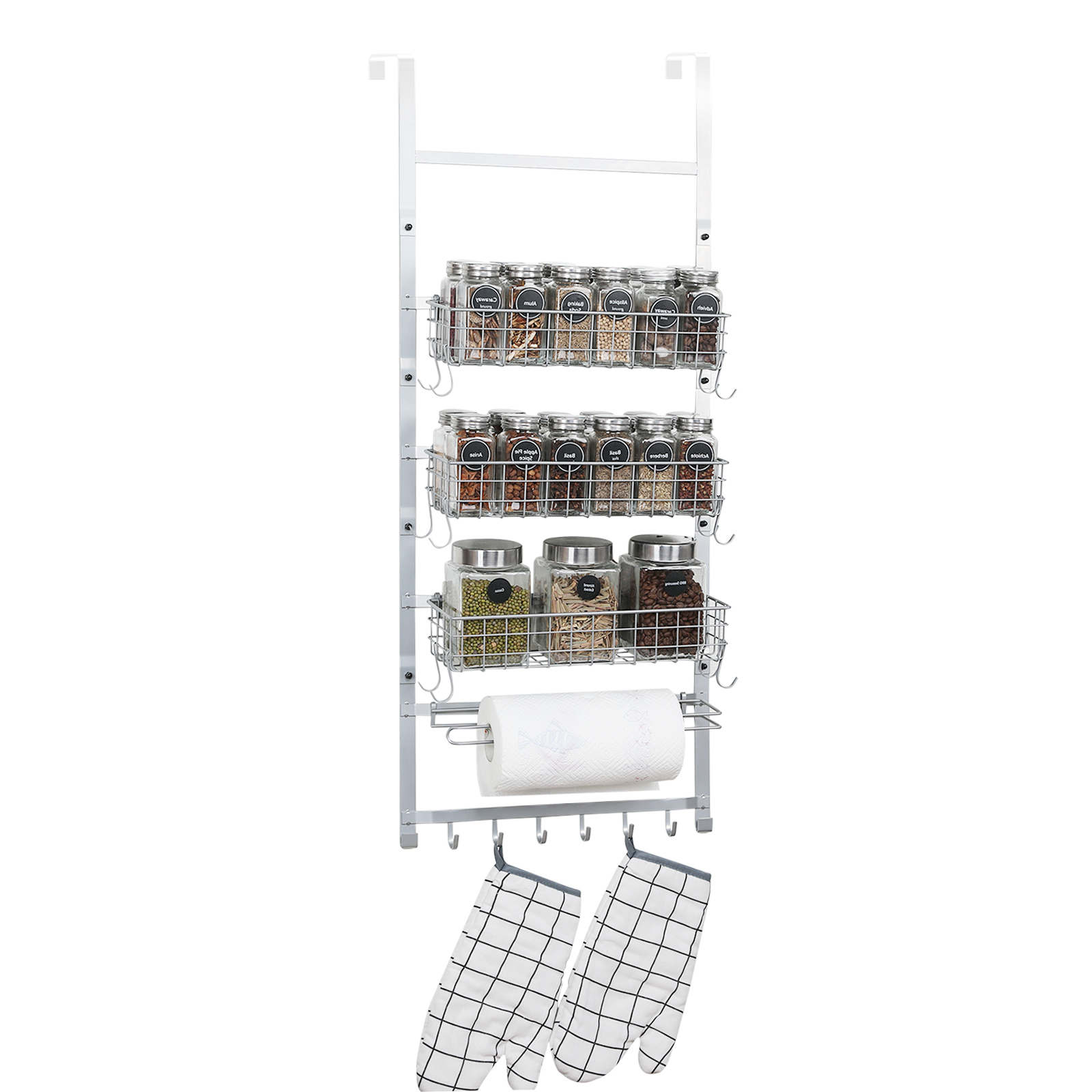 5 Tier Adjustable Spice Rack Wall Mounted with Hooks and Napkin Holder for Kitchen and Bathroom, Silver