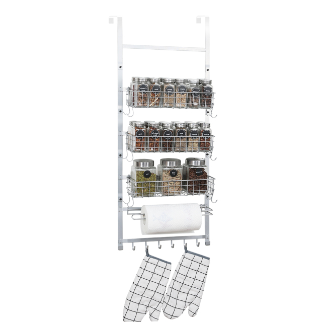 5 Tier Adjustable Spice Rack Wall Mounted with Hooks and Napkin Holder for Kitchen and Bathroom, Silver