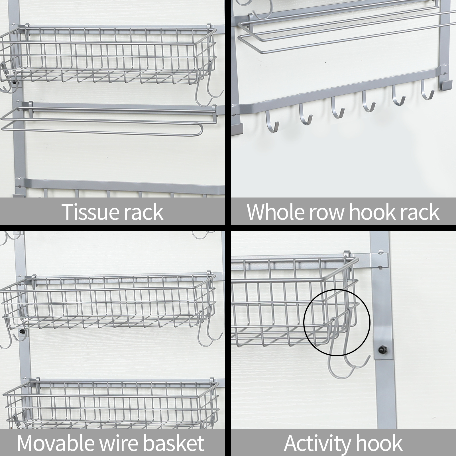 5 Tier Adjustable Spice Rack Wall Mounted with Hooks and Napkin Holder for Kitchen and Bathroom, Silver